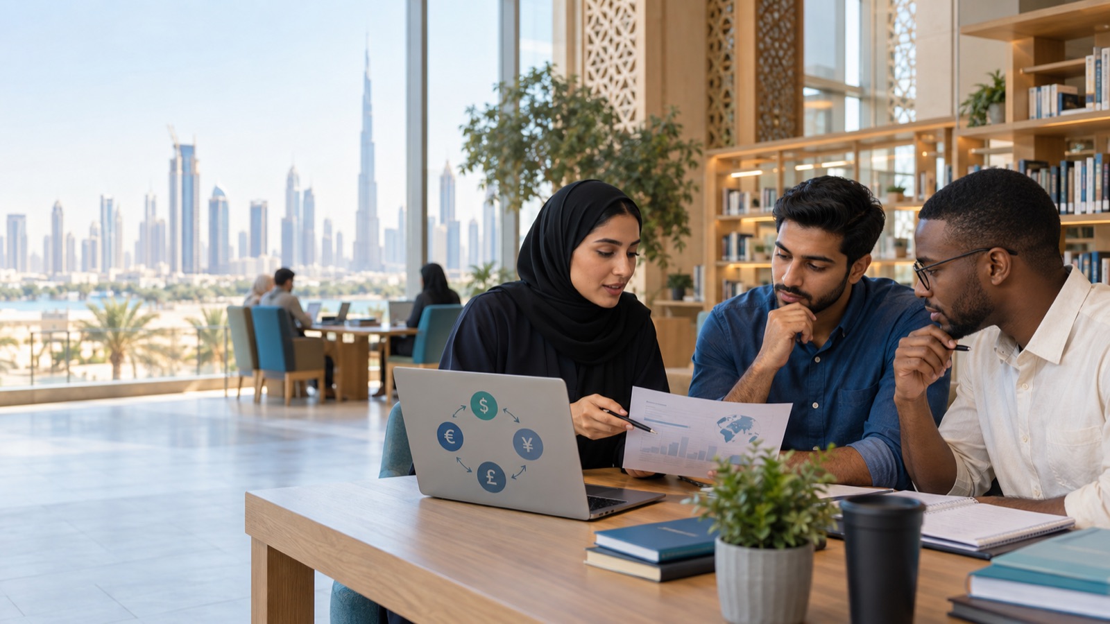 Adults discussing a currency-market learning guide in Dubai