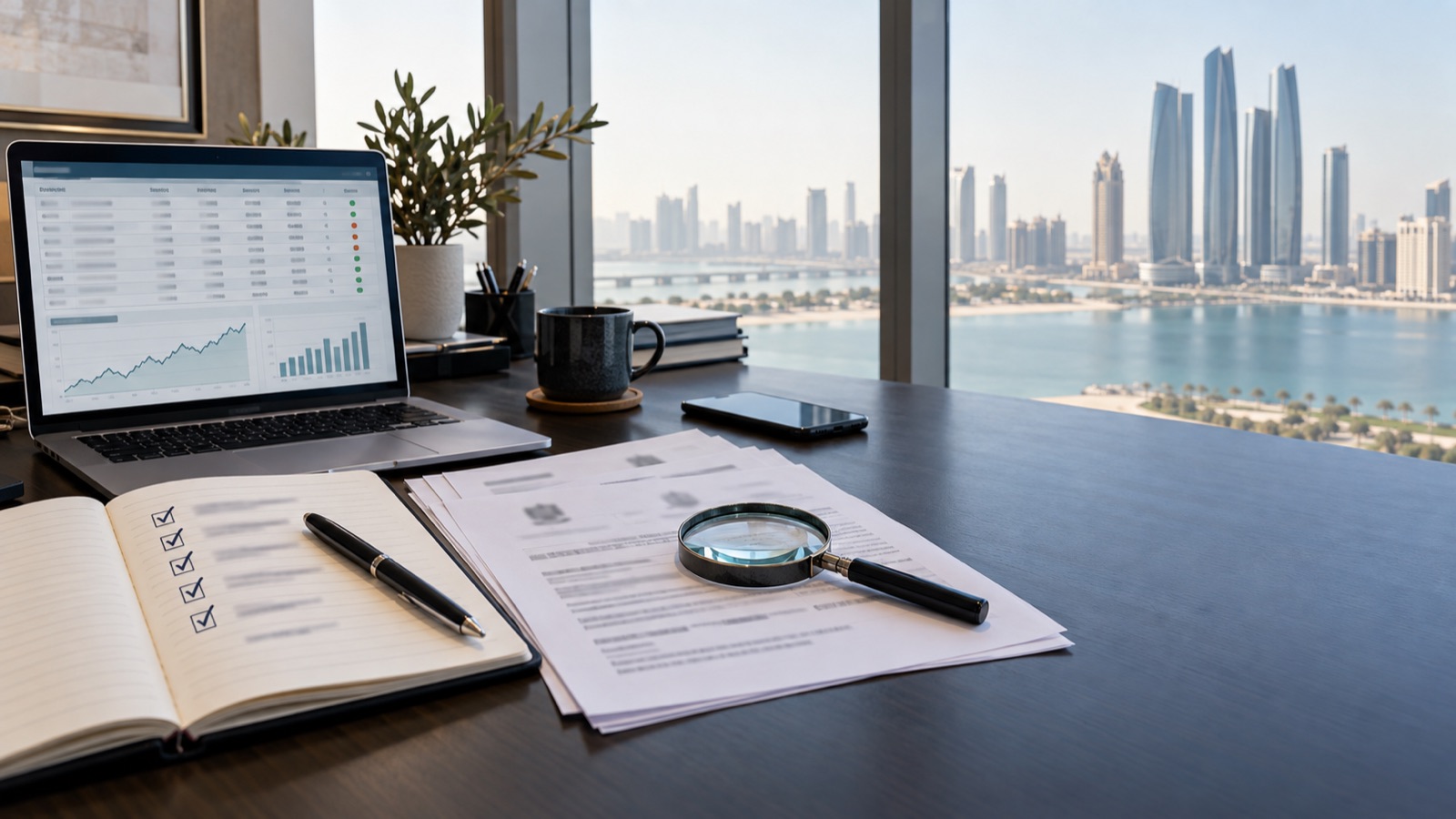 Desk used to review broker documents and account evidence in the UAE